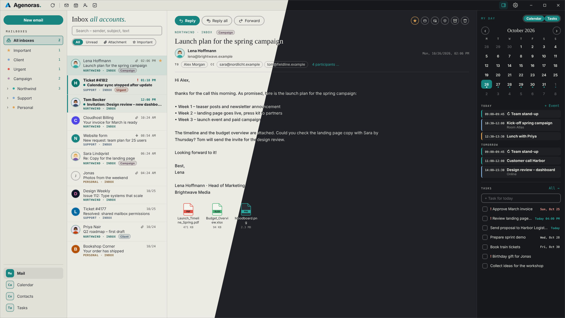 Agenoras main window in dark mode: unified inbox, an open email with attachments, and the My day sidebar with calendar and tasks
