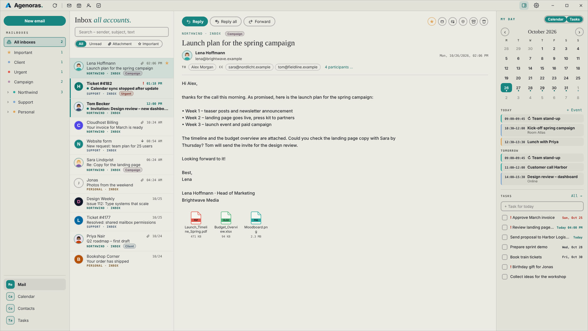 Agenoras in light mode with the unified inbox and an open email