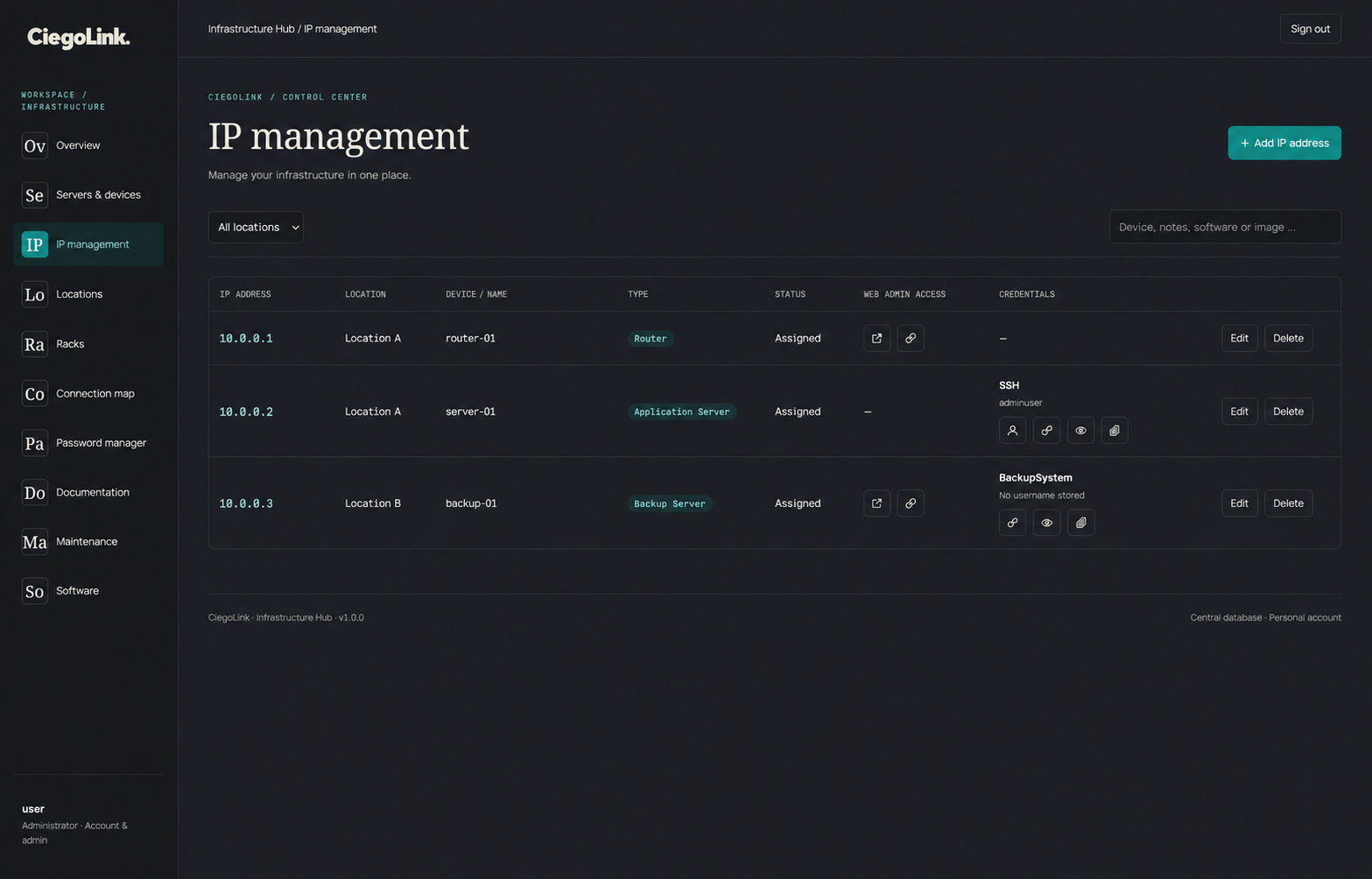 IP management table with addresses, locations, device types, status, web admin links and linked credentials