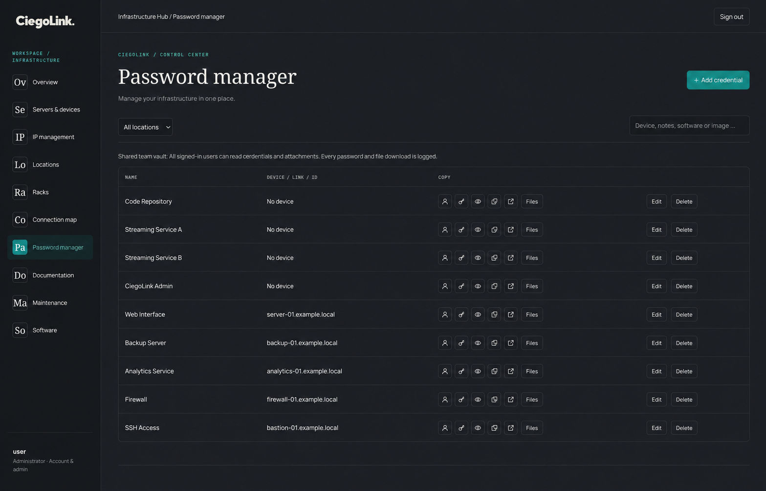 Password manager with the shared team vault: credentials linked to devices, with copy, reveal and file buttons
